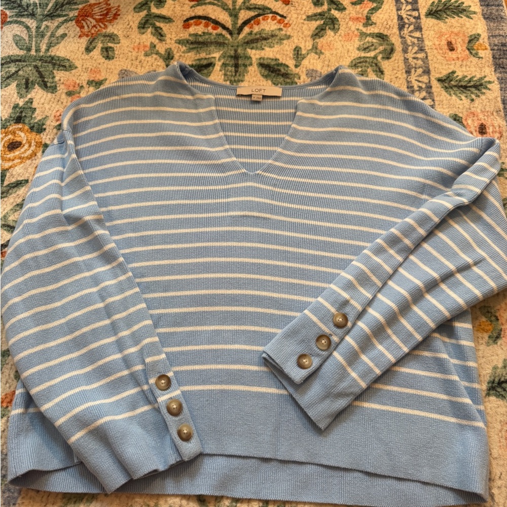 LOFT Blue and White V-Neck Sweater
